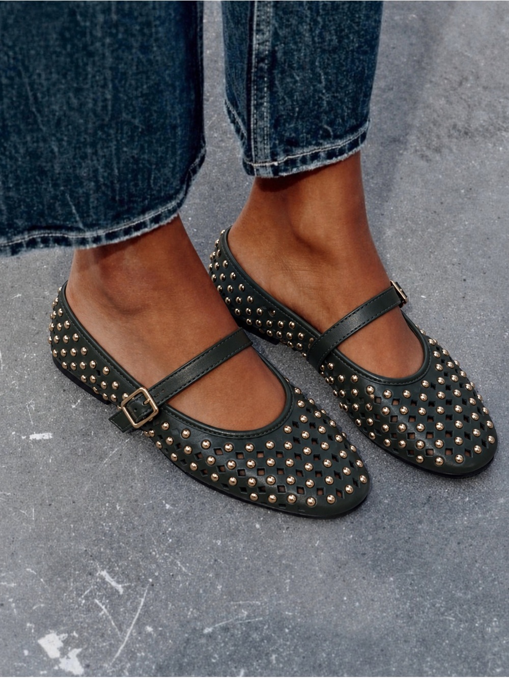 Dark Green Studded Mary Jane Ballet Flats Size 40 9 Y2K Diamond Cutout Shoes